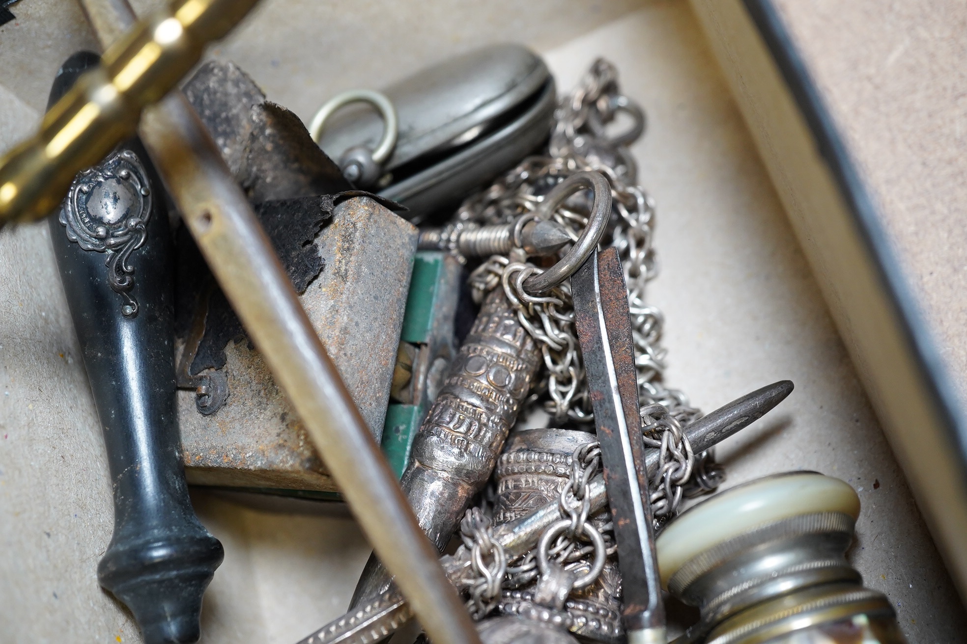 A collection of mixed collectables, to include boot layers, candle snuffer and mirrored compact. Condition - varies, mostly fair